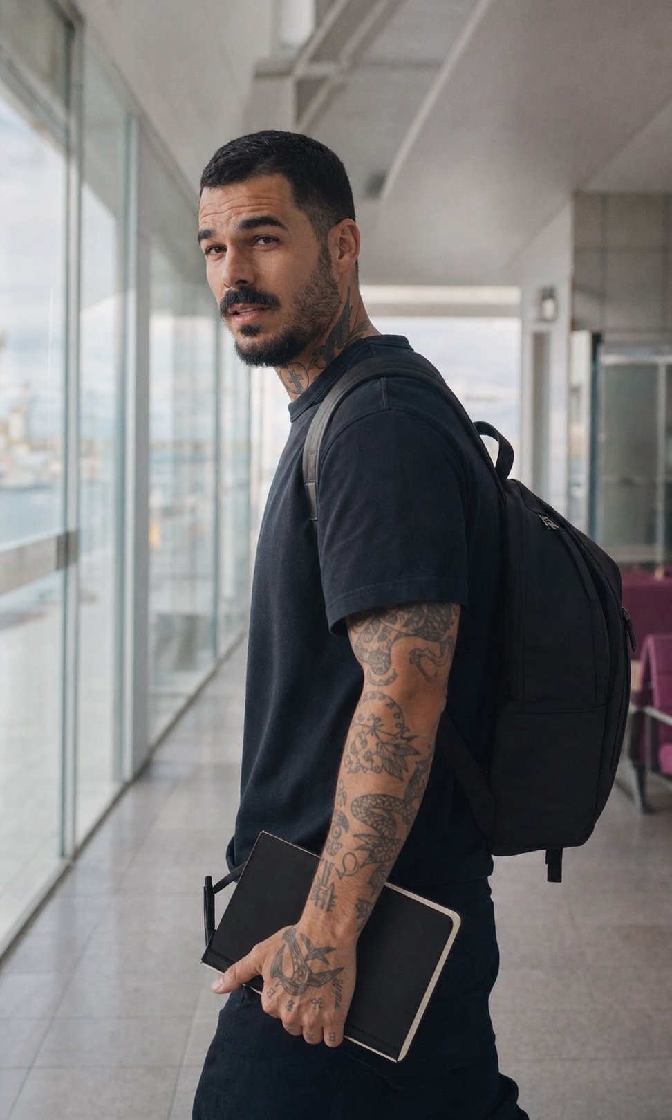 Killian travelling with a backpack and notebook